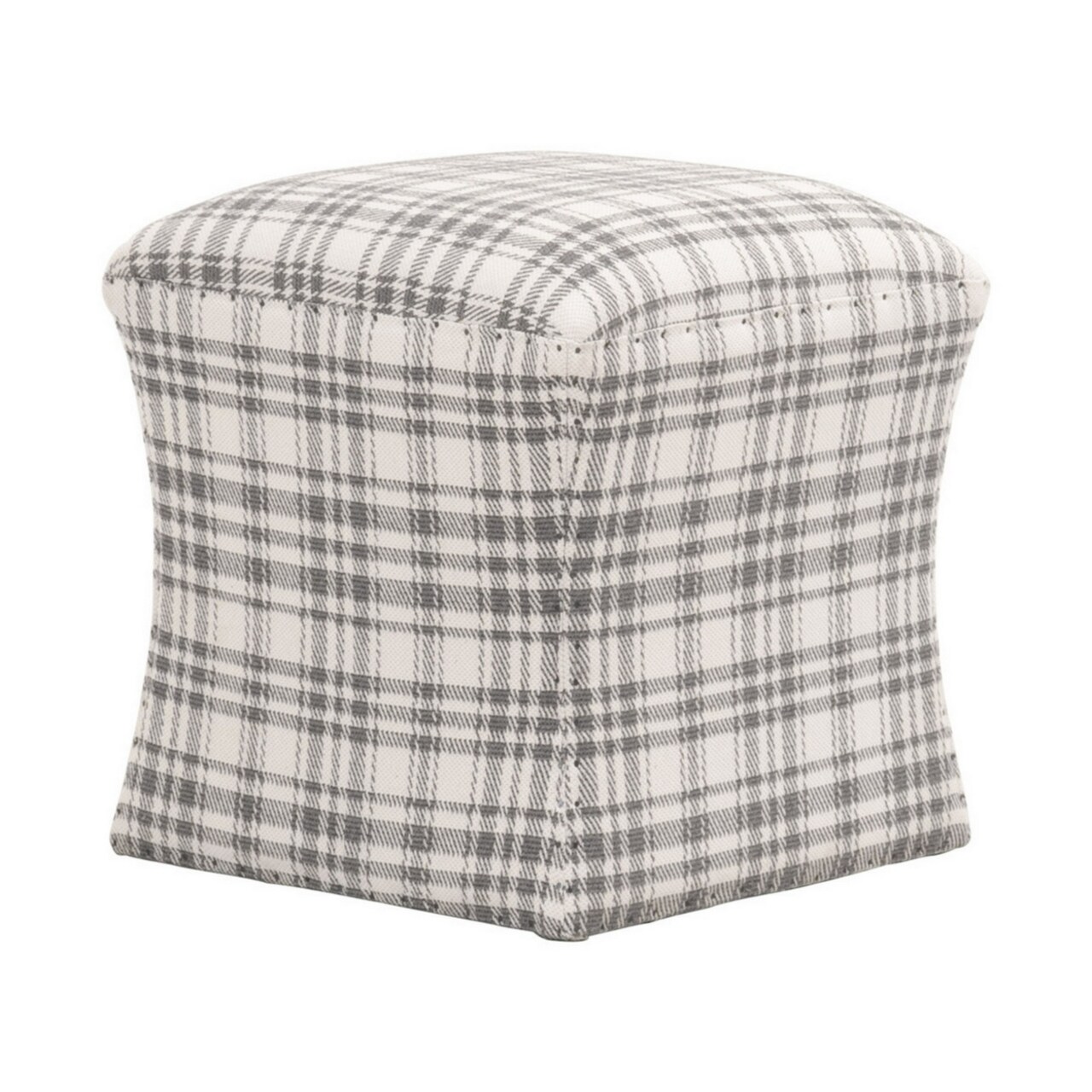 Saltoro Sherpi Elly 22 Inch Plaid Fabric Upholstered Ottoman, Square, Gray and White-